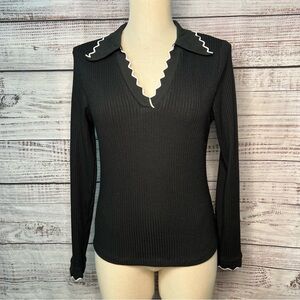Anthropologie Maeve Long Sleeve Scallop Polo Top Small Black Ribbed